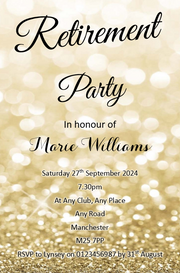 Beautiful Personalised Retirement Invitations, gold color a timeless design Ref RET 2